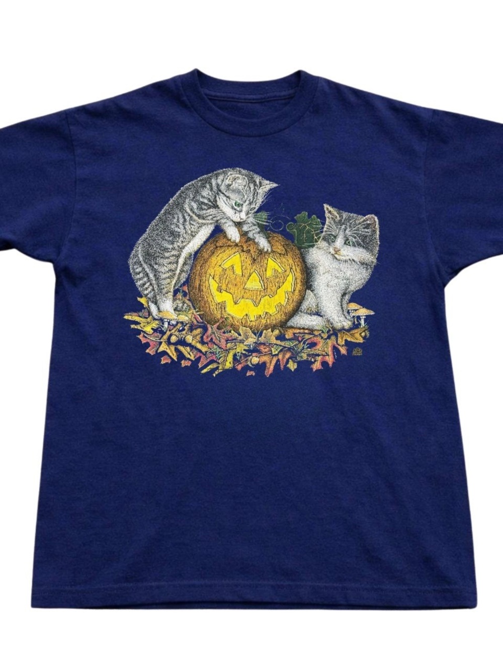 Gildan Navy Tee with Cat and Jack-O'-Lantern Print, Gift For Her, For Him